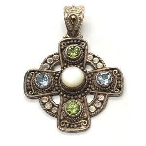 18k Gold and Sterling Silver Pendant Cross Bali Suarti Signed Topaz Peridot 2